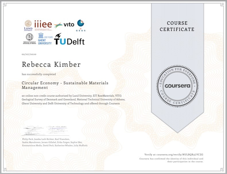 Circular Economy - Sustainable Materials Management Course Certificate. 