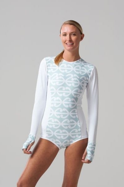 Sustainable swimwear brand white long sleeved Koru Surf Suit