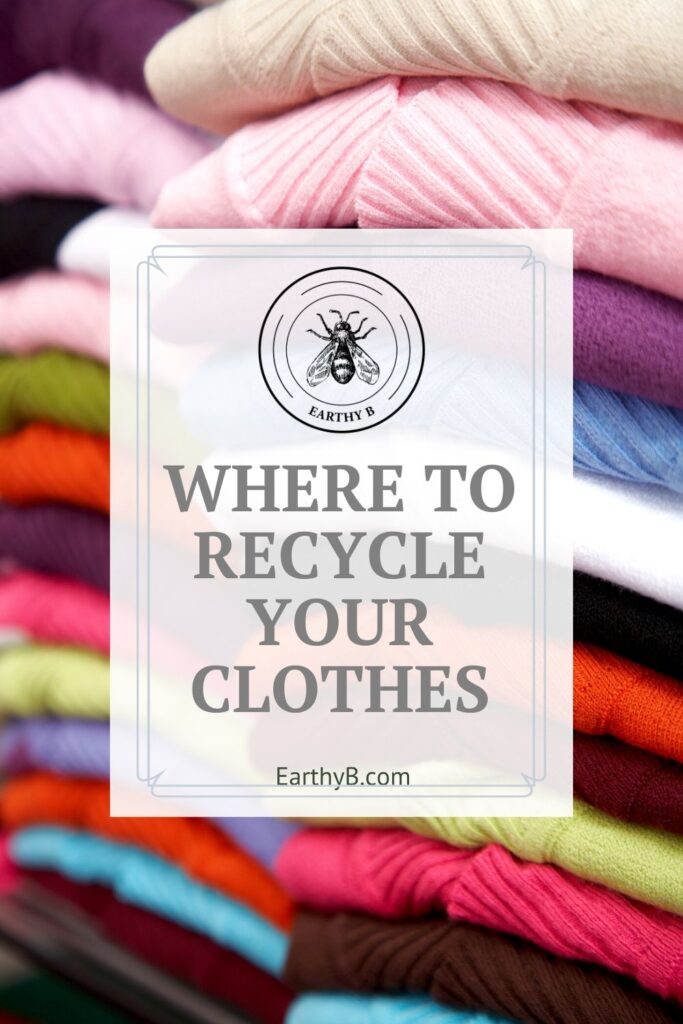 Pile of sweaters with text that reads "Where to recycle clothes"