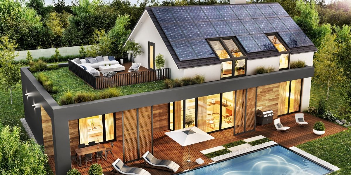 Home with solar panels on the roof. 