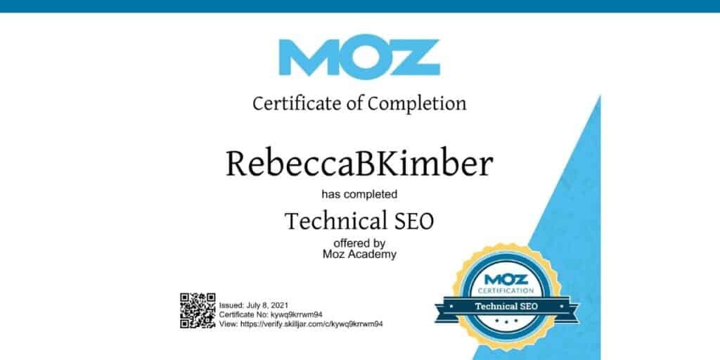 Moz certificate of completion in technical SEO